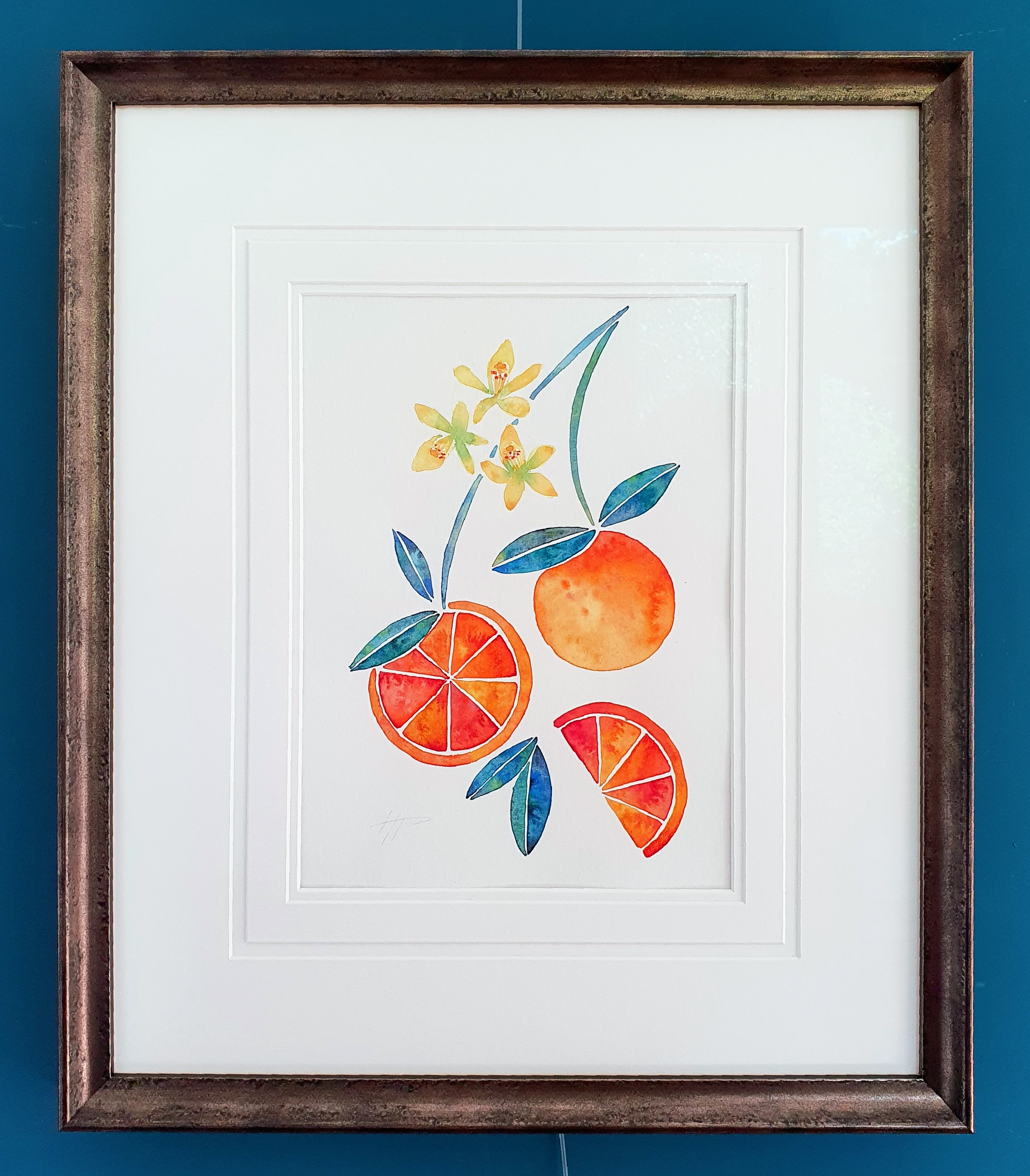 Original watercolour of oranges and orchid blossoms framed in a champagne-gilt moulding with a double mount